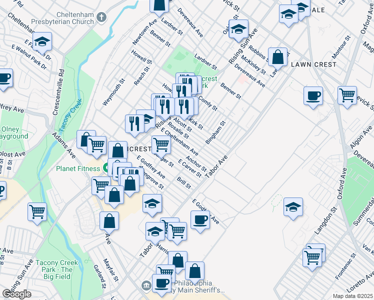 map of restaurants, bars, coffee shops, grocery stores, and more near 570 East Cheltenham Avenue in Philadelphia