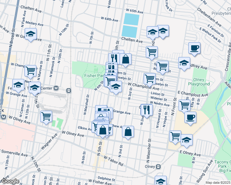 map of restaurants, bars, coffee shops, grocery stores, and more near 5915 North Lawrence Street in Philadelphia