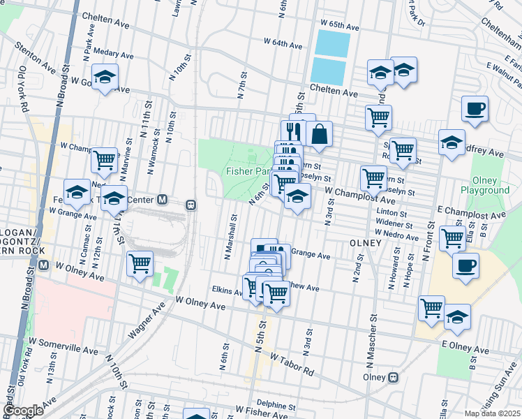 map of restaurants, bars, coffee shops, grocery stores, and more near 5866 North Fairhill Street in Philadelphia