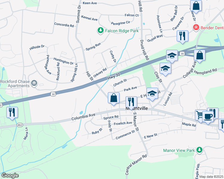 map of restaurants, bars, coffee shops, grocery stores, and more near 128 North Church Street in Mountville