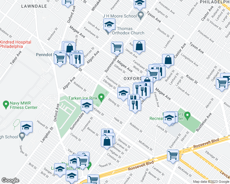 map of restaurants, bars, coffee shops, grocery stores, and more near 1205 Levick Street in Philadelphia