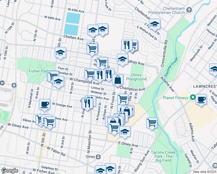 map of restaurants, bars, coffee shops, grocery stores, and more near 116 West Champlost Avenue in Philadelphia