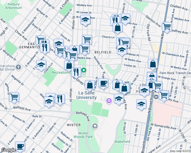 map of restaurants, bars, coffee shops, grocery stores, and more near 5706 North 20th Street in Philadelphia