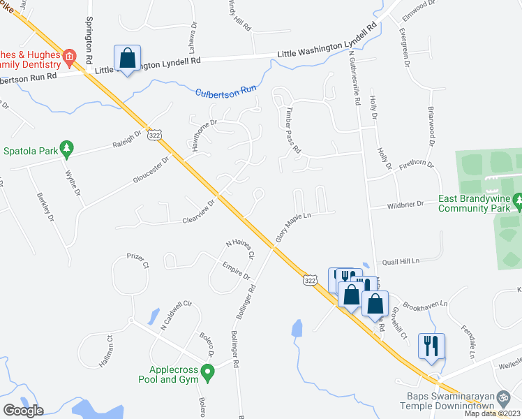 map of restaurants, bars, coffee shops, grocery stores, and more near 702 Pinebrooke Circle in Downingtown