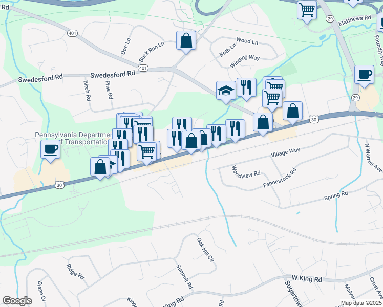 map of restaurants, bars, coffee shops, grocery stores, and more near 188 US Route 30 in Malvern