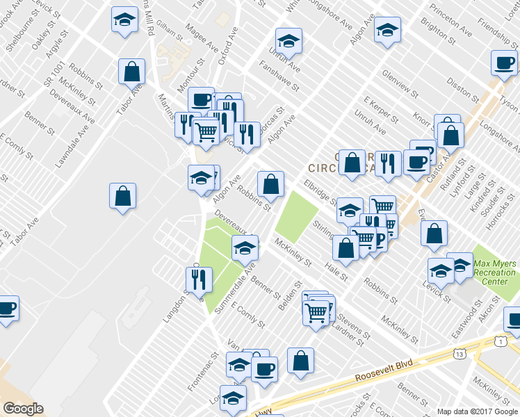 map of restaurants, bars, coffee shops, grocery stores, and more near 6247 Langdon Street in Philadelphia