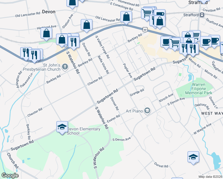 map of restaurants, bars, coffee shops, grocery stores, and more near 117 Sugartown Road in Devon