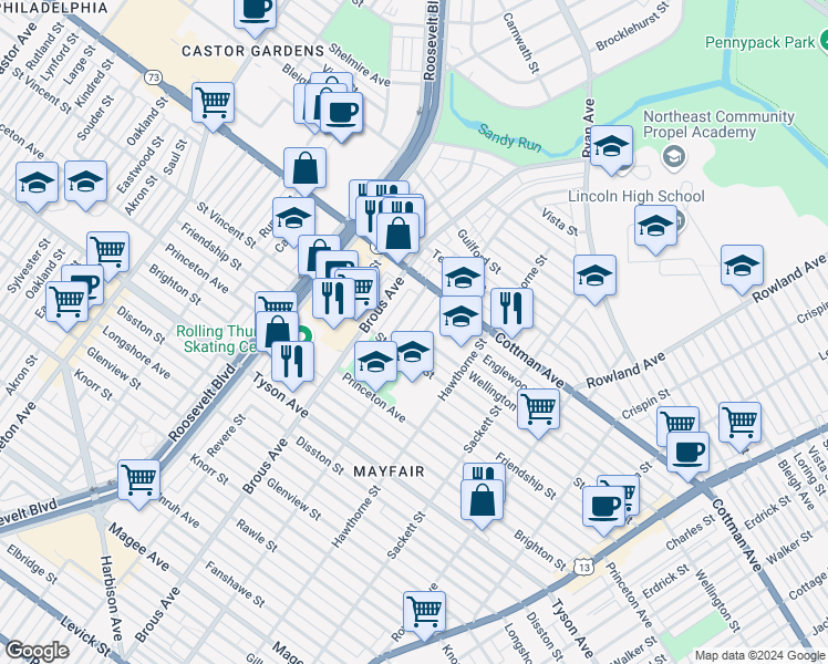 map of restaurants, bars, coffee shops, grocery stores, and more near 7214 Battersby Street in Philadelphia