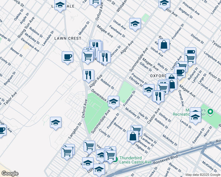 map of restaurants, bars, coffee shops, grocery stores, and more near 6247 Langdon Street in Philadelphia