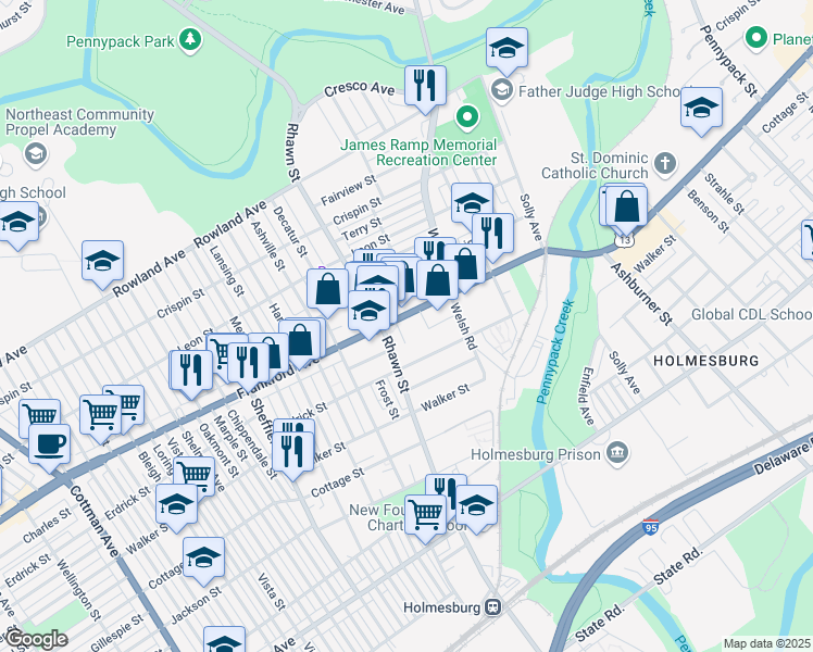 map of restaurants, bars, coffee shops, grocery stores, and more near 8017 Frankford Avenue in Philadelphia