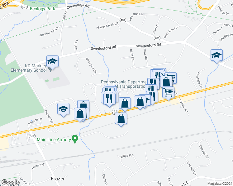 map of restaurants, bars, coffee shops, grocery stores, and more near 230 Josephs Way in Malvern