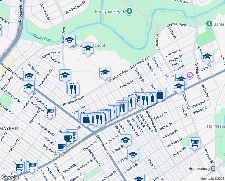 map of restaurants, bars, coffee shops, grocery stores, and more near 3337 Shelmire Avenue in Philadelphia