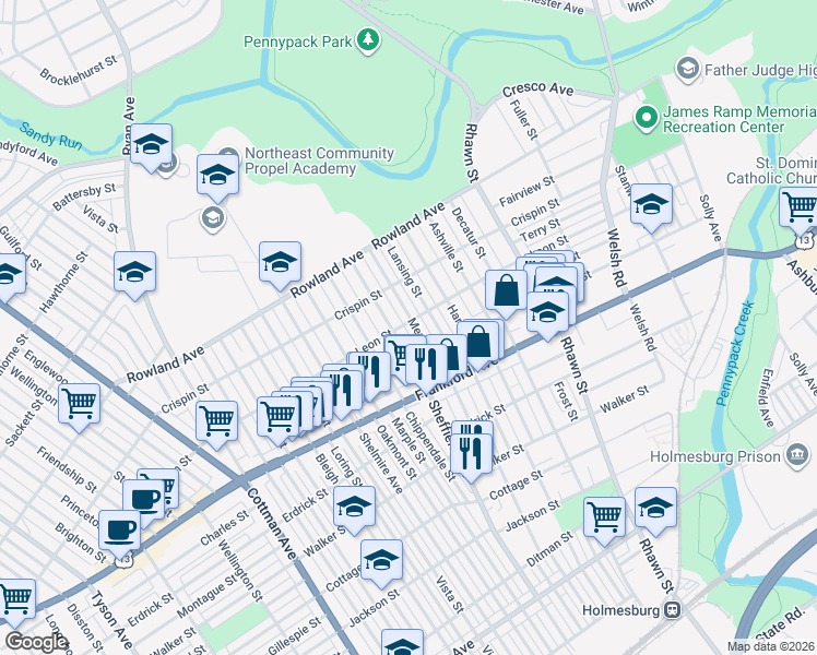 map of restaurants, bars, coffee shops, grocery stores, and more near 3507 Sheffield Avenue in Philadelphia