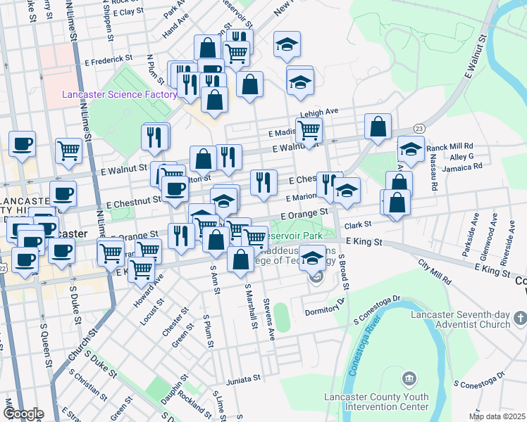 map of restaurants, bars, coffee shops, grocery stores, and more near 641 East Orange Street in Lancaster