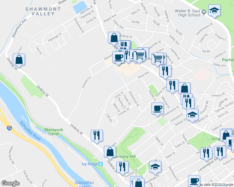 map of restaurants, bars, coffee shops, grocery stores, and more near 382 Leroy Street in Philadelphia