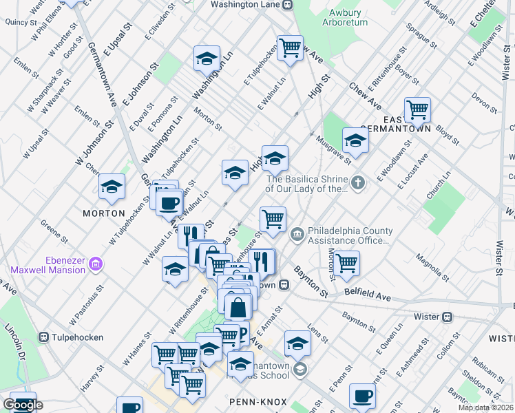 map of restaurants, bars, coffee shops, grocery stores, and more near 208 East Haines Street in Philadelphia
