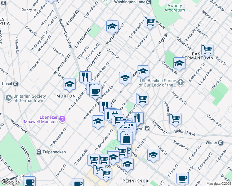 map of restaurants, bars, coffee shops, grocery stores, and more near 5925 Baynton Street in Philadelphia