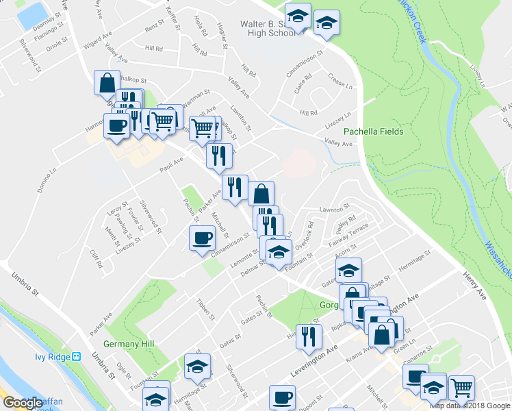 map of restaurants, bars, coffee shops, grocery stores, and more near 6784 Ridge Avenue in Philadelphia