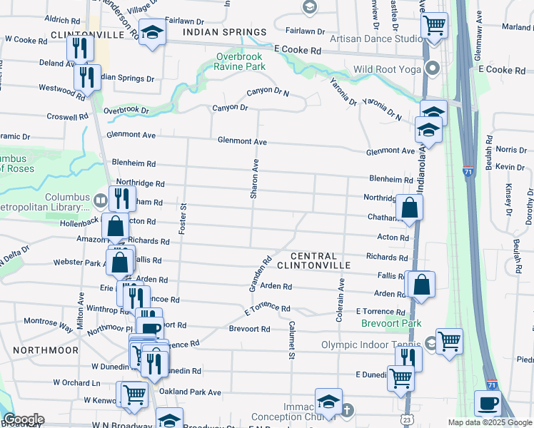 map of restaurants, bars, coffee shops, grocery stores, and more near 288 Acton Road in Columbus
