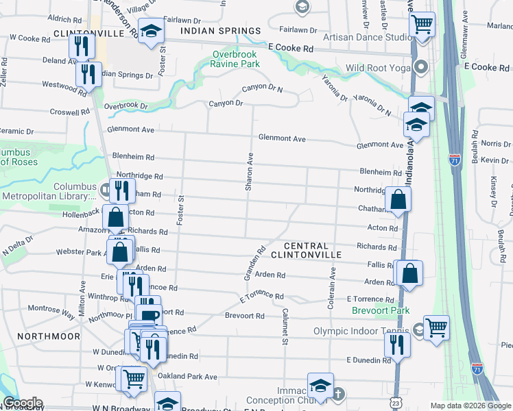 map of restaurants, bars, coffee shops, grocery stores, and more near 288 Acton Road in Columbus