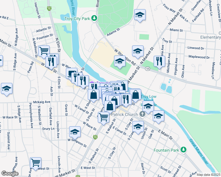 map of restaurants, bars, coffee shops, grocery stores, and more near 20 North Cherry Street in Troy