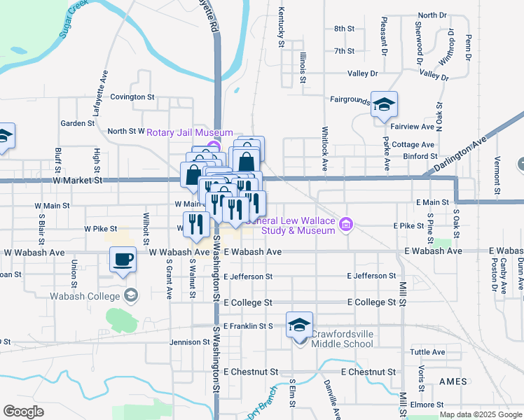 map of restaurants, bars, coffee shops, grocery stores, and more near 227 East Main Street in Crawfordsville