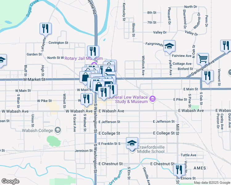 map of restaurants, bars, coffee shops, grocery stores, and more near 227 East Main Street in Crawfordsville