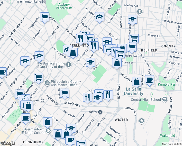 map of restaurants, bars, coffee shops, grocery stores, and more near 607 East Church Lane in Philadelphia