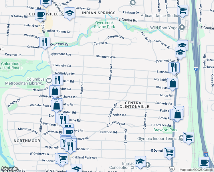 map of restaurants, bars, coffee shops, grocery stores, and more near 288 Acton Road in Columbus