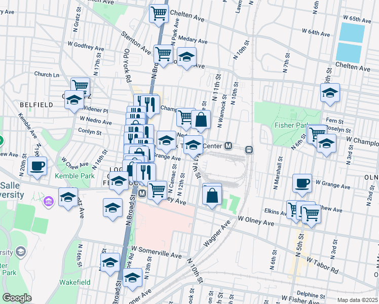 map of restaurants, bars, coffee shops, grocery stores, and more near 5821 North 12th Street in Philadelphia