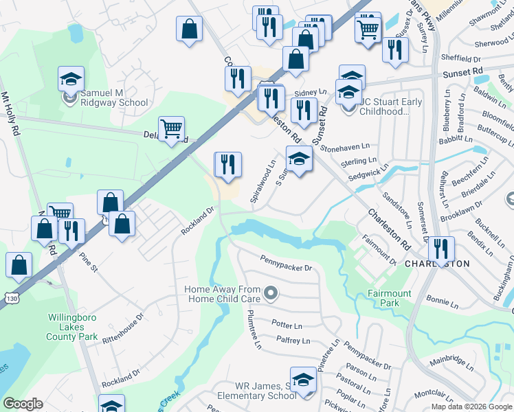 map of restaurants, bars, coffee shops, grocery stores, and more near 66 South Sunset Road in Willingboro