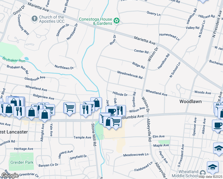 map of restaurants, bars, coffee shops, grocery stores, and more near 1302 Hillside Drive in Lancaster