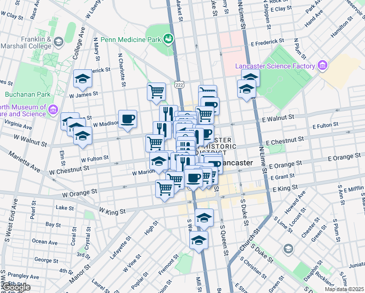 map of restaurants, bars, coffee shops, grocery stores, and more near 6 North Prince Street in Lancaster