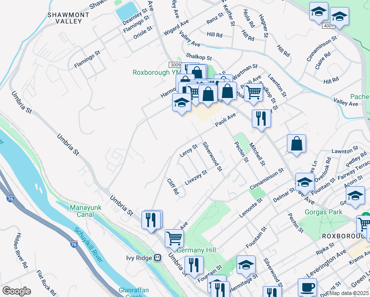 map of restaurants, bars, coffee shops, grocery stores, and more near 382 Leroy Street in Philadelphia