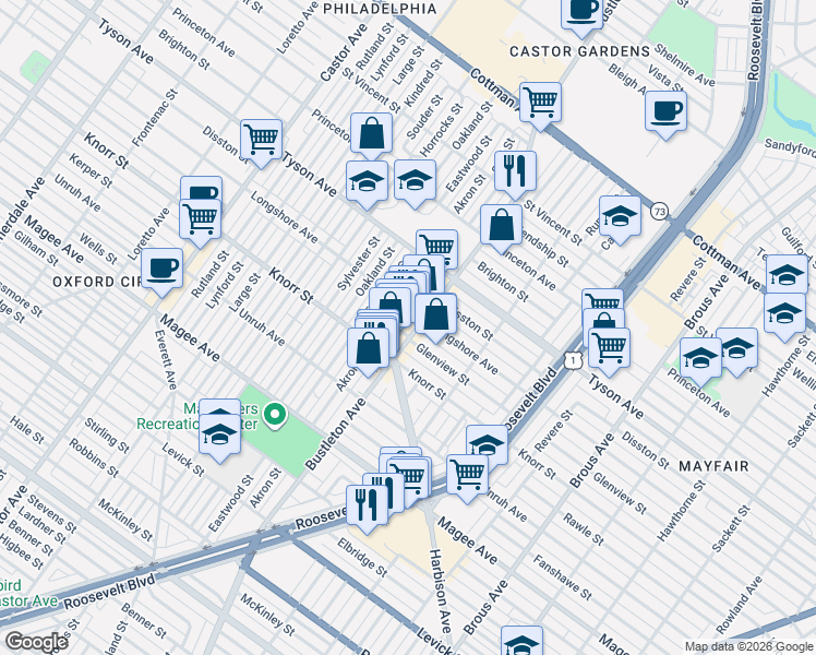 map of restaurants, bars, coffee shops, grocery stores, and more near 6832 Bustleton Avenue in Philadelphia