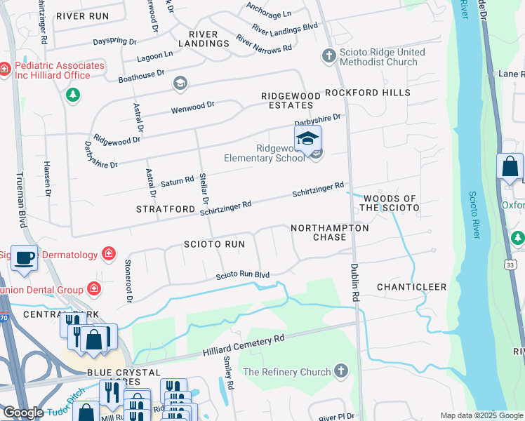 map of restaurants, bars, coffee shops, grocery stores, and more near 4238 Goldenseal Way in Hilliard