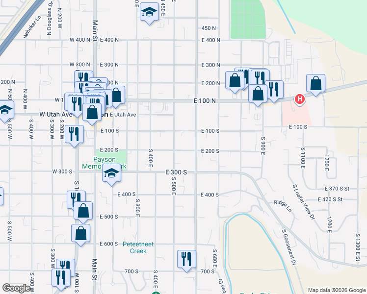 map of restaurants, bars, coffee shops, grocery stores, and more near 539 East 200 South in Payson