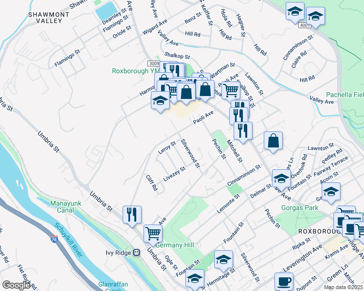 map of restaurants, bars, coffee shops, grocery stores, and more near 6962 Silverwood Street in Philadelphia