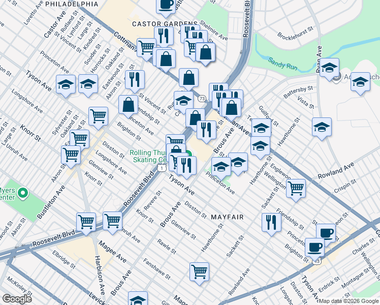 map of restaurants, bars, coffee shops, grocery stores, and more near 7101 Roosevelt Boulevard in Philadelphia