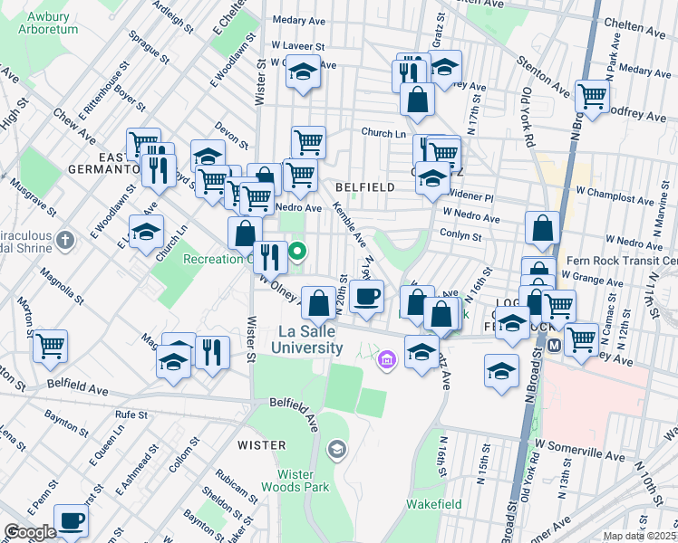 map of restaurants, bars, coffee shops, grocery stores, and more near 5710 North 20th Street in Philadelphia