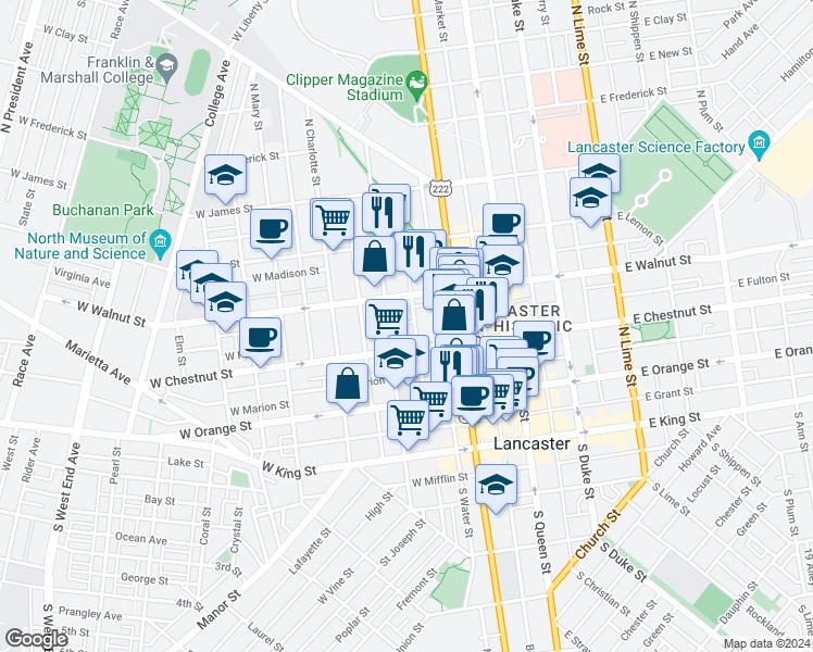 map of restaurants, bars, coffee shops, grocery stores, and more near 209 North Mulberry Street in Lancaster