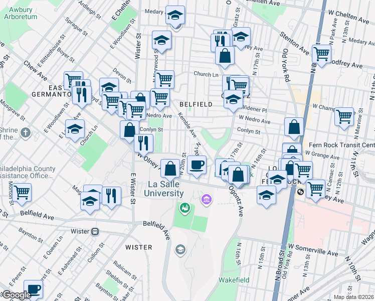 map of restaurants, bars, coffee shops, grocery stores, and more near 5711 North 20th Street in Philadelphia