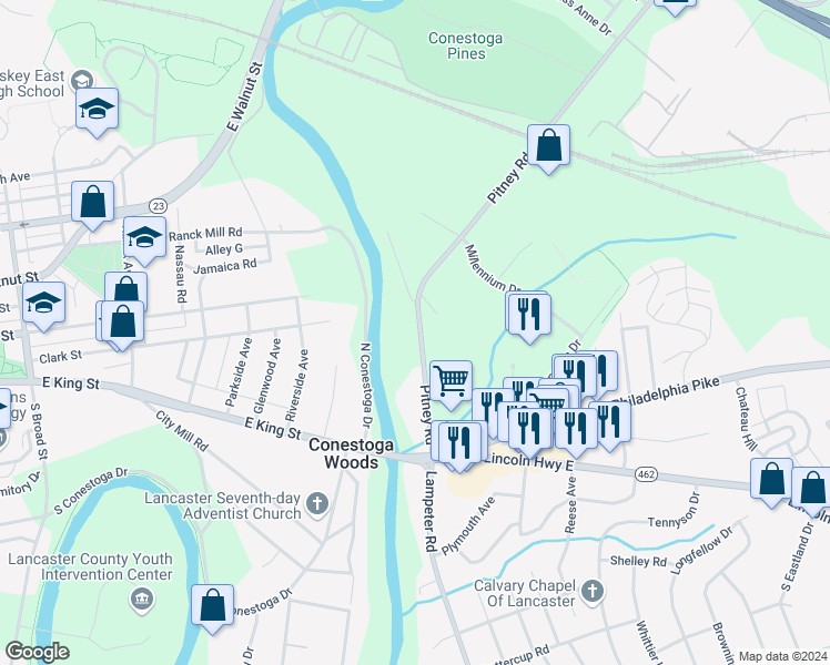 map of restaurants, bars, coffee shops, grocery stores, and more near 52 Pitney Road in Lancaster