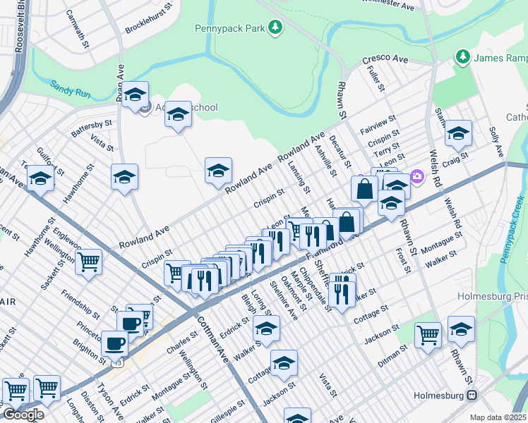map of restaurants, bars, coffee shops, grocery stores, and more near 3414 Chippendale Avenue in Philadelphia