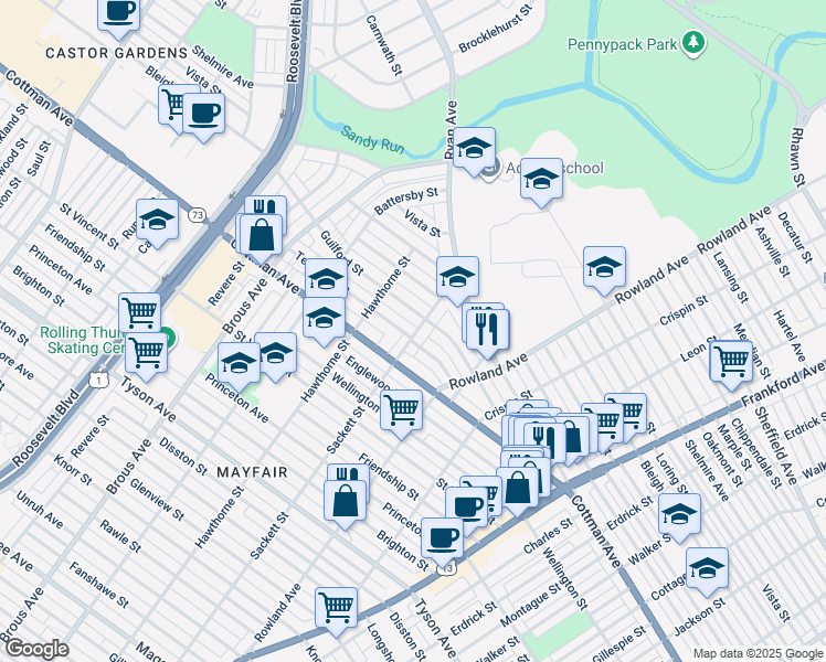 map of restaurants, bars, coffee shops, grocery stores, and more near 3139 Teesdale Street in Philadelphia