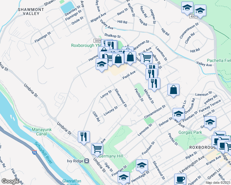 map of restaurants, bars, coffee shops, grocery stores, and more near 6962 Silverwood Street in Philadelphia