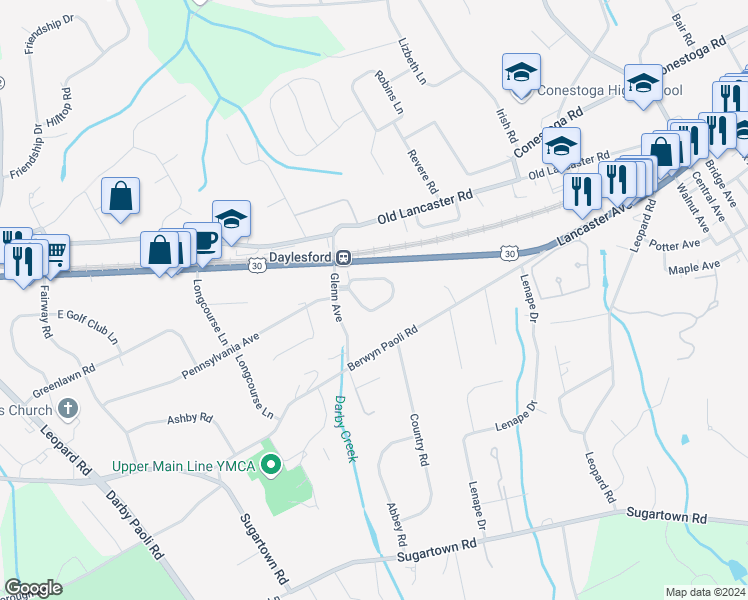 map of restaurants, bars, coffee shops, grocery stores, and more near 30 Oak Knoll Drive in Berwyn