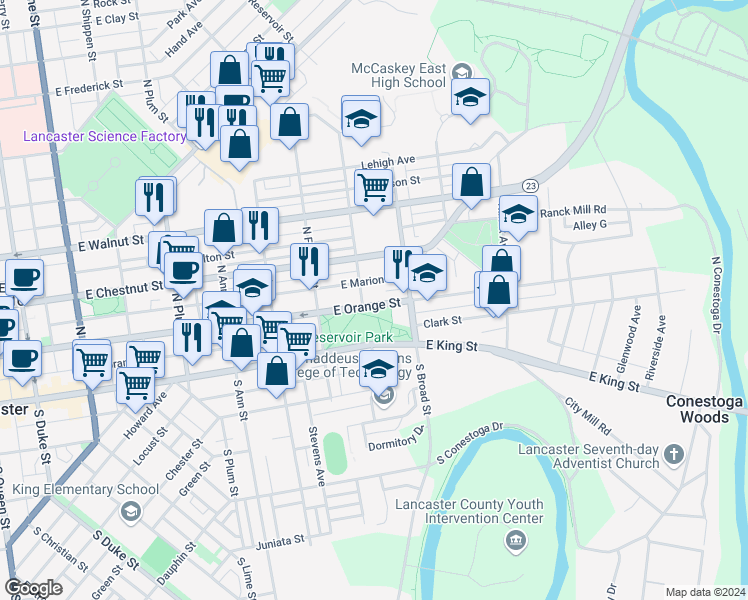 map of restaurants, bars, coffee shops, grocery stores, and more near 811 East Orange Street in Lancaster