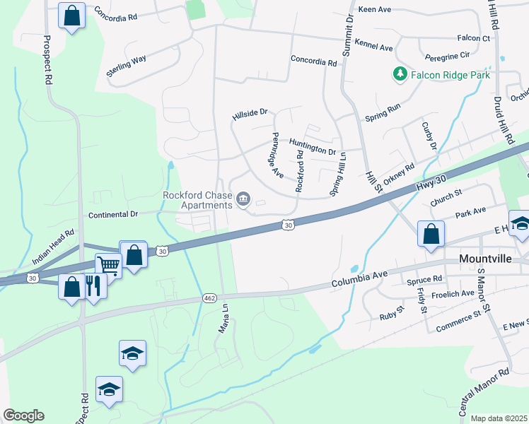 map of restaurants, bars, coffee shops, grocery stores, and more near 206 South Rockford Road in Mountville