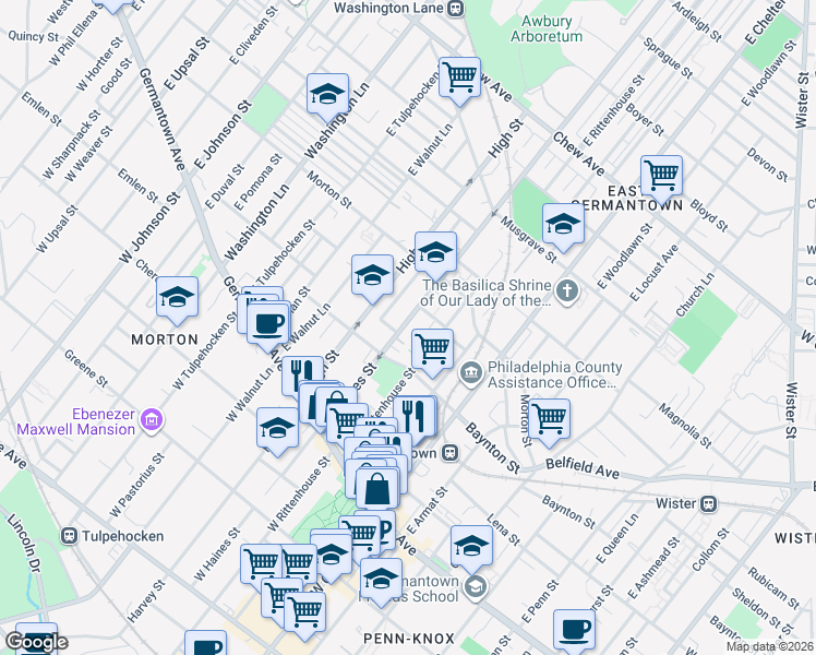 map of restaurants, bars, coffee shops, grocery stores, and more near 208 East Haines Street in Philadelphia